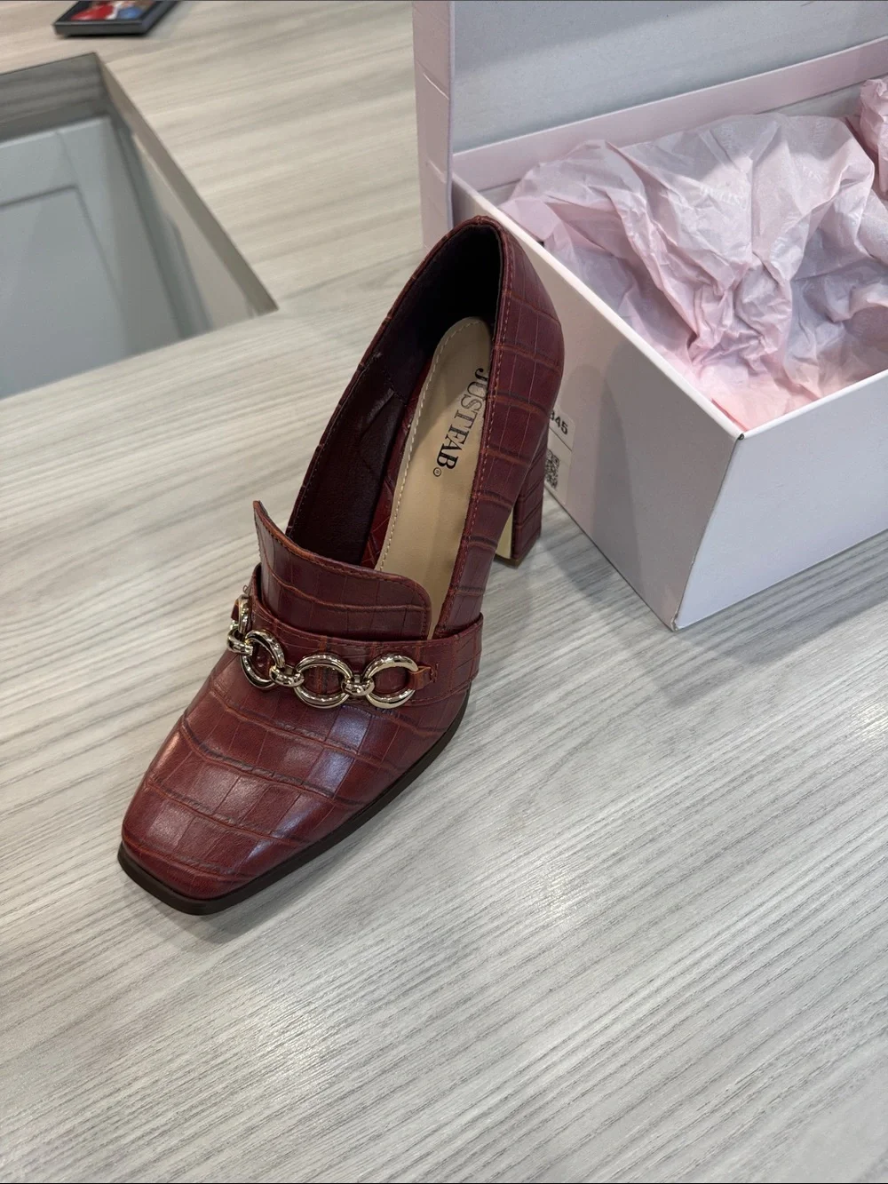 JustFab Croc-Effect Mary Jane Heels in Burgundy